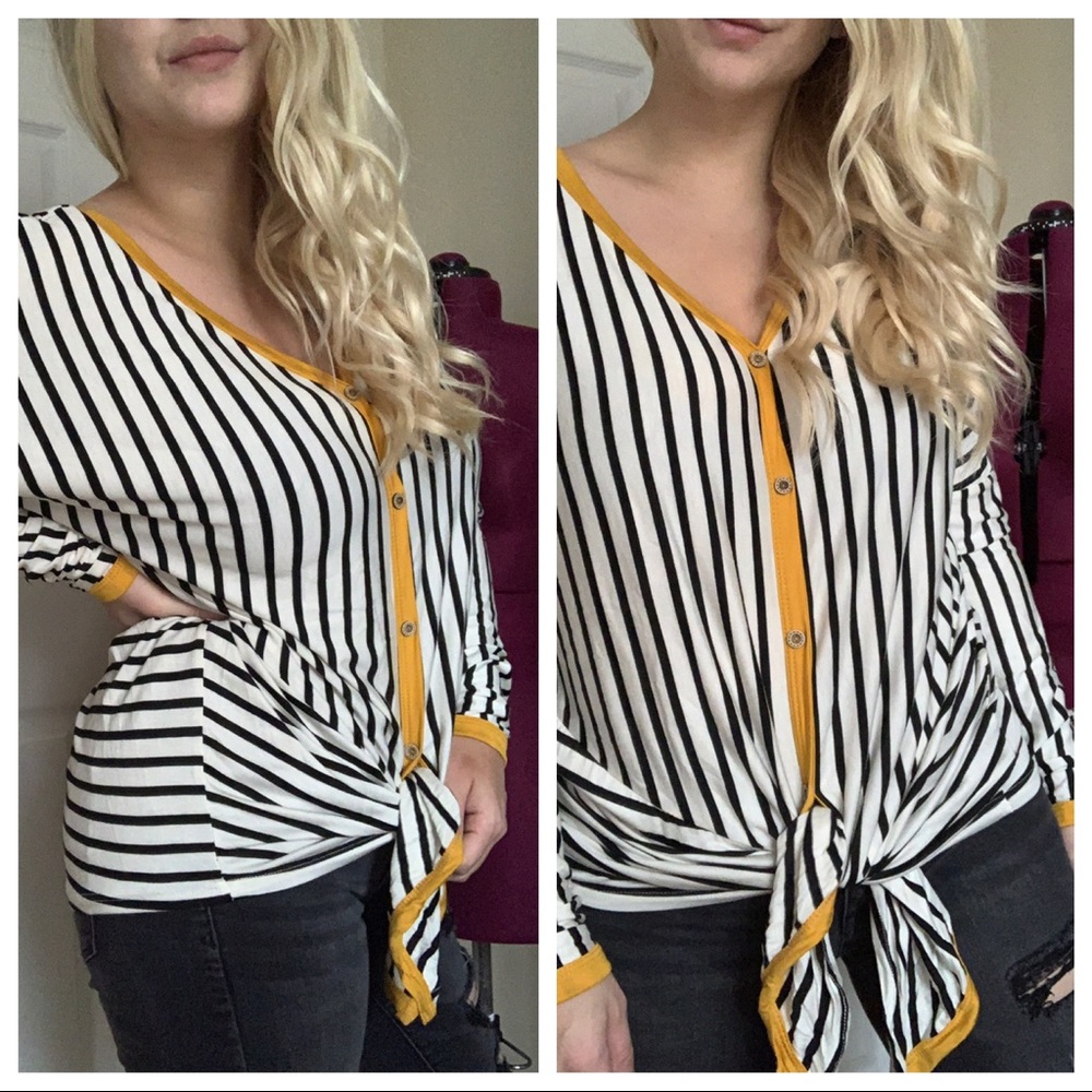 Ivory and mustard stripe button down blouse - Picture 4 of 5